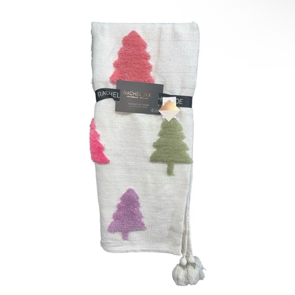 Rachel Zoe White Towel with Pink, Green, and Purple Tree Accents